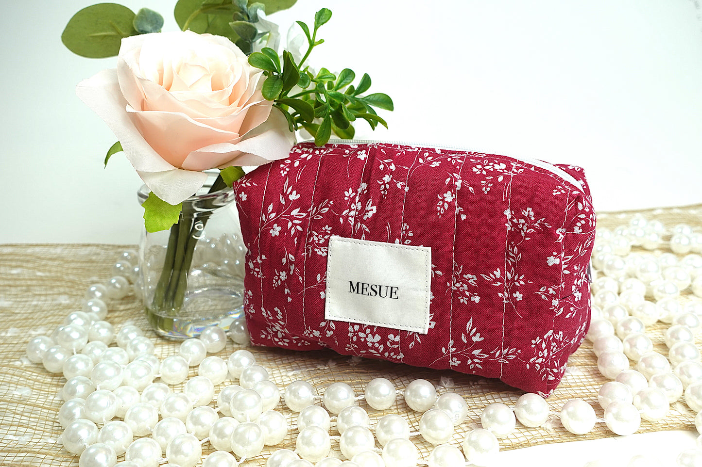 Handmade Floral Makeup Bag - Red Floral (Small)